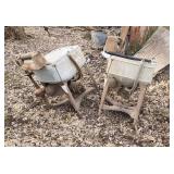 Two old Maytag square tub wringer washers.