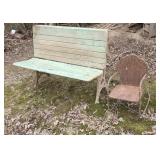 Old  wood folding bench rough shape and child