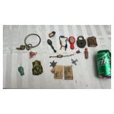 Vintage Plastic mini doll, books, Brass whistle