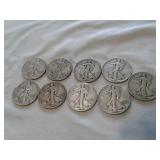 (9)WALKING LIBERTY SILVER HALF DOLLARS