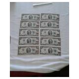 (10)$2 FEDERAL RESERVE NOTES 1ST DAY ISSUES
