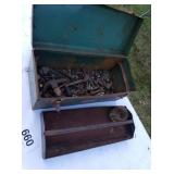 TOOL BOX FULL OF HARDWARE, BRASS, ETC