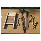 CORN KNIFE, OLD WRENCHES, WASHBOARD