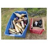 COLORED WINE BOTTLES, MILK CRATE OF BOTTLES