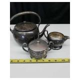 SILVER ON COPPER ACADEMY TEA POT, SUGAR & CREAMER