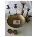 SOLID BRASS CANDLESTICKS, VASES, BOWL