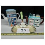 2 TEA POTS AND RELISH TRAY