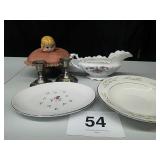 2 HOMER LAUGHLIN DISHES, PIN CUSHION, BRASS