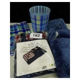 BATHROOM RUGS, SHOWER CURTAIN, TRASH CAN, ETC