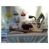 CLOTHES IRON:SUN TEA JUGS:OLD FEATHER DUSTER