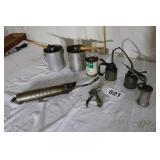 OLD OIL CANS, GREASE GUNS