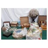 Wig Plus stand, wooden boxes, contents included,