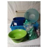 Waste can, plastic containers, rubber gloves,
