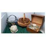 Wooden box full of beads, baskets, decor and more