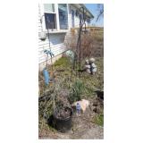 Contents of flower bed including Shepherd hooks