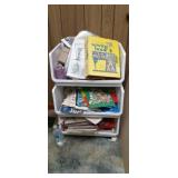 Three tier plastic storage shelving on Wheels