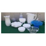 Glassware including vases, milk glass, ashtrays,
