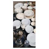 Tote with lid full of China,  tea set and more