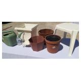 Outdoors plastic table, planters, and more