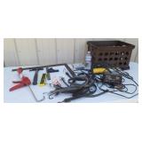 Crate with toils including hammer, level and much