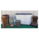 Wooden vases, picture boxes, metal can and more