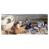 Baskets, knickknacks, candy bowl, lamp, wall