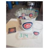 CUBS METAL PAIL, 4 GLASSES, & COASTERS