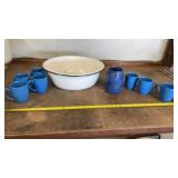 Heavy Enamel Ware wash base, Blue Corelle cups,