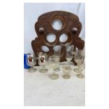 Vtg Wood Wine Rack & Wine Glasses