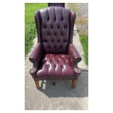 Burgandy Tufted Leather Wing Back Arm Chair With