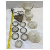 Vintage MCM Silver Rimmed Glass Cups and Wood Bar