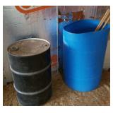 Metal drum, plastic Barrel w brooms
