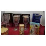 Avon candle holders w candles, including Fostoria