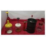 Old red handle sifter, nut choppers, grinder