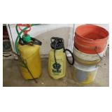 Two  garden sprayers and 5 gallon buckets