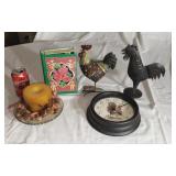 Two metal roosters & clock