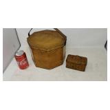 Two old basket tins one is biscuit tin.