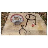 Old cast iron kettle stand,  ice tongs, tractor
