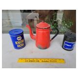 Porcelain Coffee Pot with NAPA Auto Parts Tin