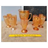 Marigold Carnival Glass Pitcher with Seven