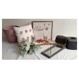 Decorative pillow, trash can, wall art mirror and