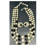 17in Japan Faux Pearl & Onyx Necklace & Clip-on
