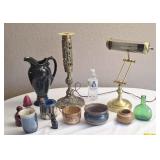 Knickknacks including pottery, green glass
