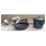Pots and pans including enamel covered roaster