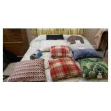 Mostly new pillows and cushion chair , throw
