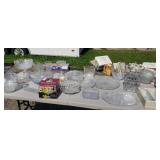 Tote full of nice serving trays, crystall bowls,