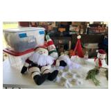 Two totes of Christmas decor. Santa, snowman and