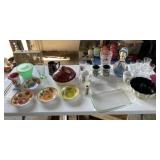 Glassware, plastic containers, cups, Pyrex cake