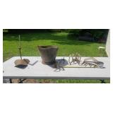 Old farm plow , hook, coal bucket