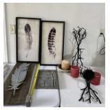 Feather pictures, candles and holders with blue